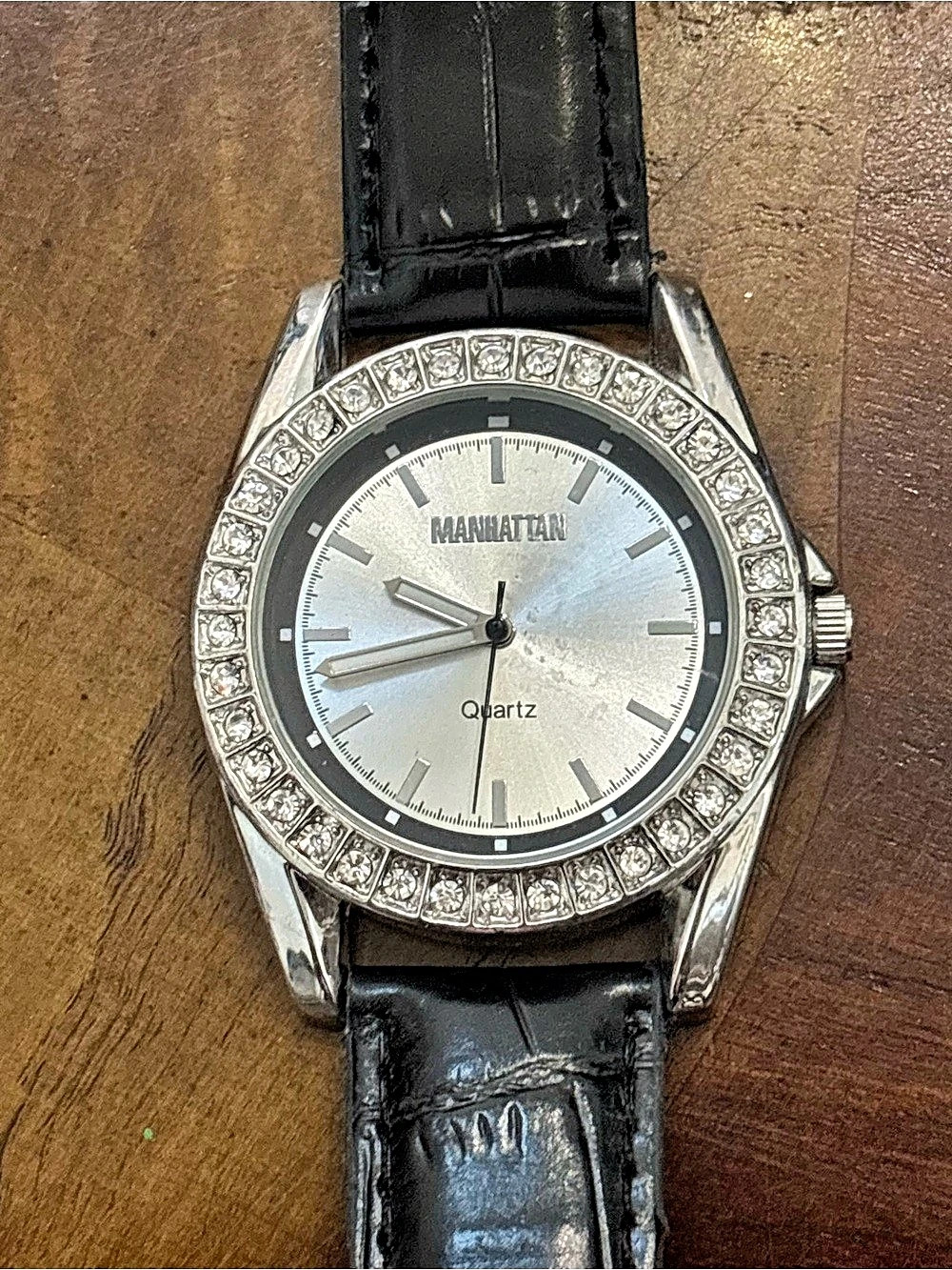 Manhattan by Croton Quartz Watch Black Leather-Style Strap